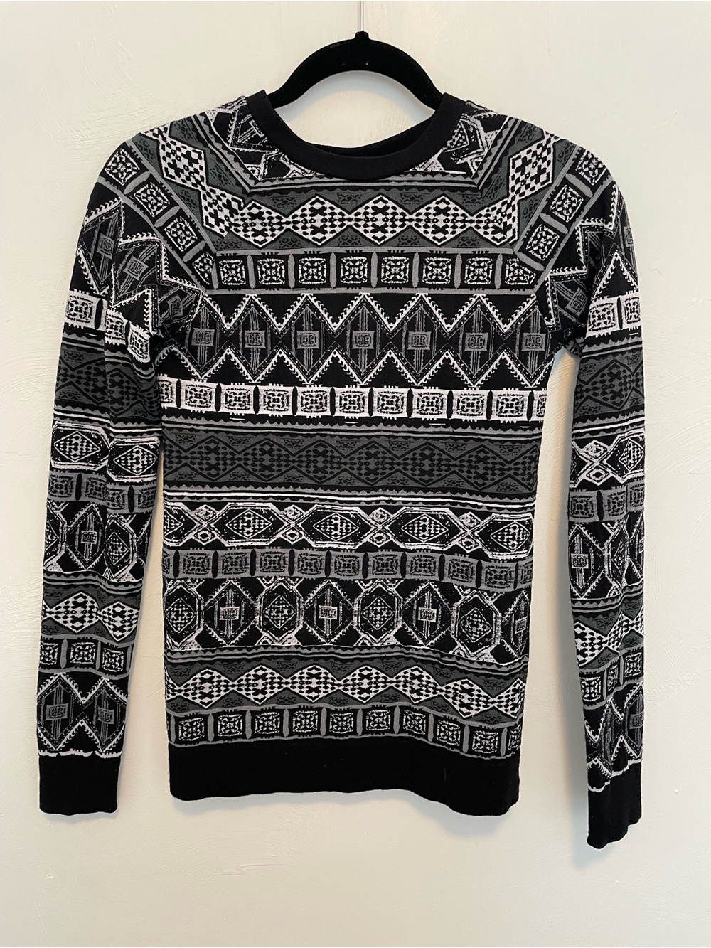 Sweaty Betty Black & Gray Geometric Crewneck Sweater Merino Wool Blend Small